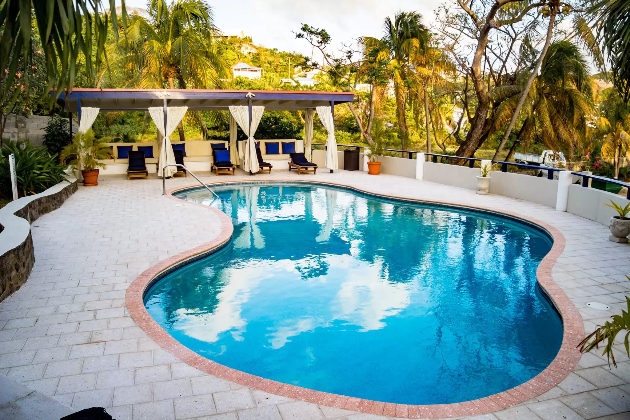 Pool and deck at sunset